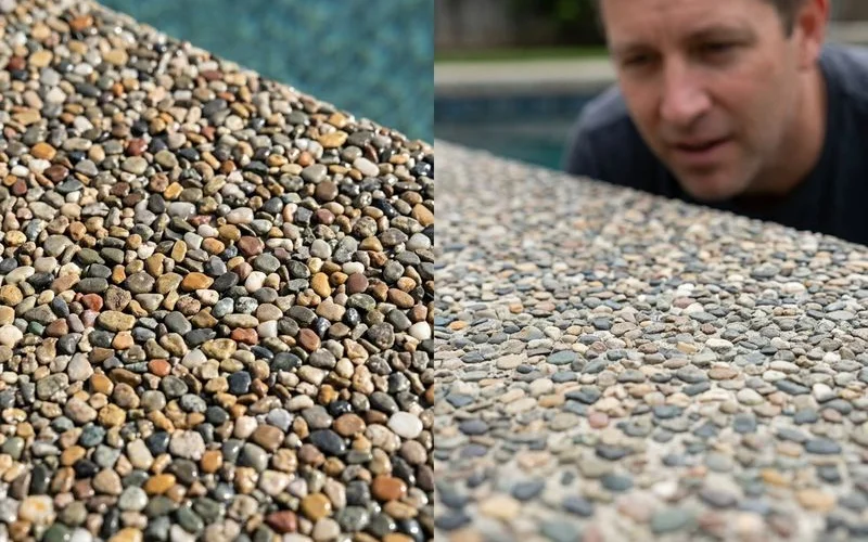 Fresh vs 15-year-old Pebble Tec texture comparison