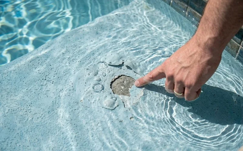 Close-up of plaster delamination and hollow spot on pool floor