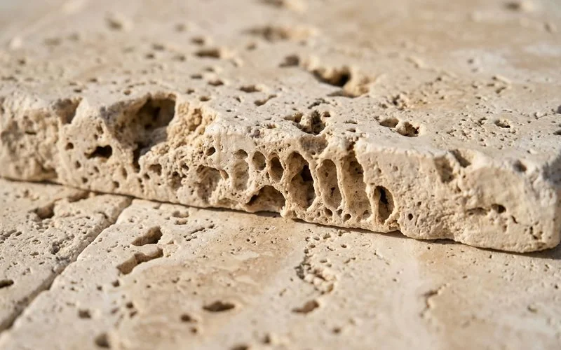 Travertine surface showing natural porosity
