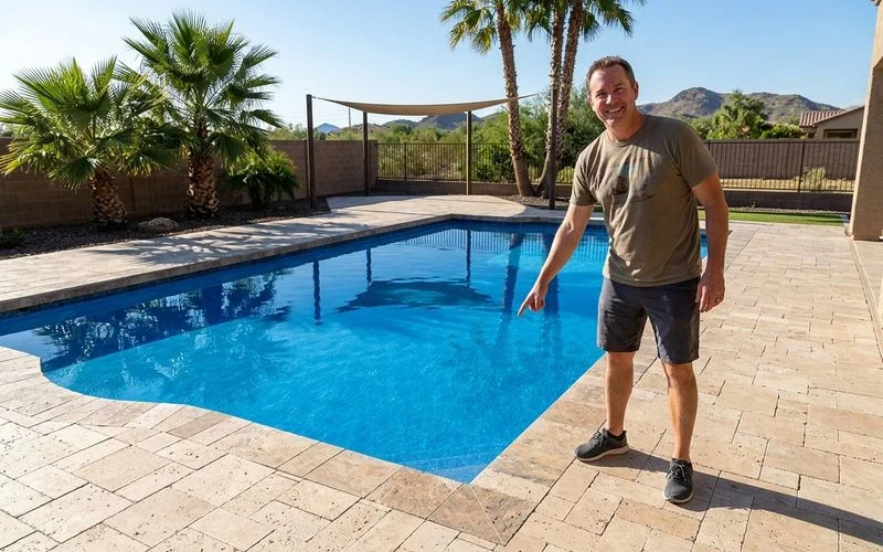 Completed travertine deck with polymeric sand joints