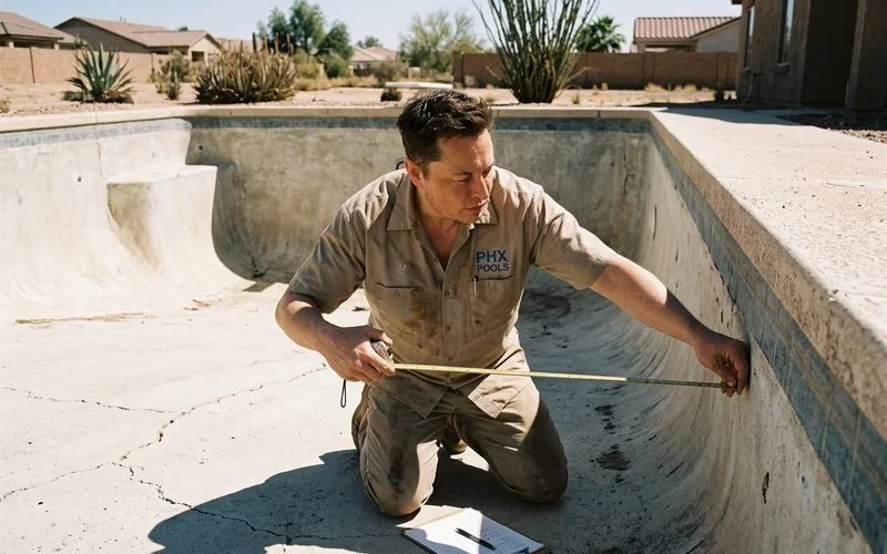 Contractor measuring a Phoenix pool for a written estimate