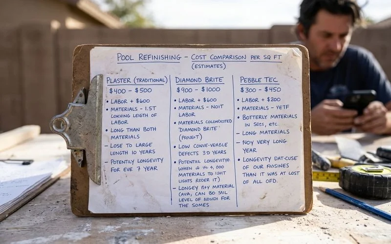 Plaster vs Diamond Brite vs Pebble Tec per-sq-ft cost comparison