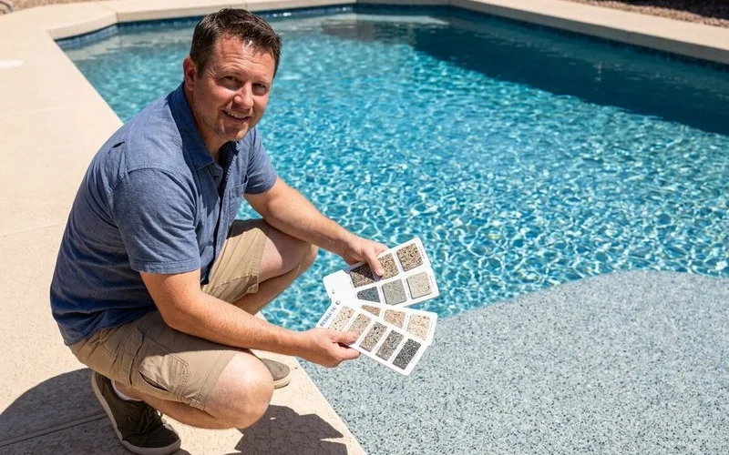 Pebble Tec color sample boards at deck edge