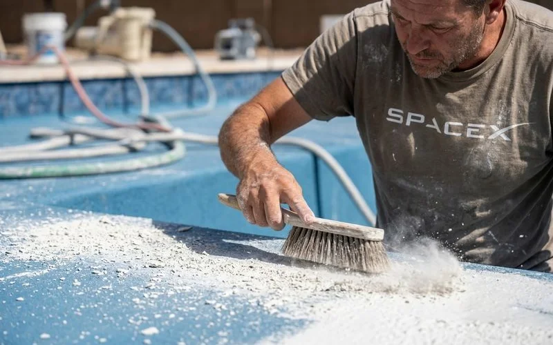 Hand brushing pool floor showing loose plaster debris