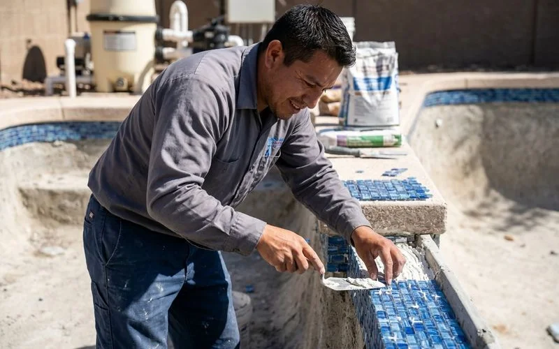 New waterline tile being set with thinset