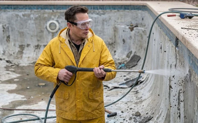 Hydroblast prep work on a scaled pool