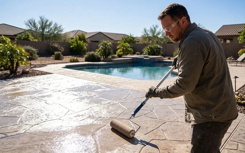 Reflective sealer being applied to stamped concrete