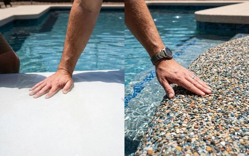 Side-by-side comparison of Pebble Tec and plaster finishes underwater