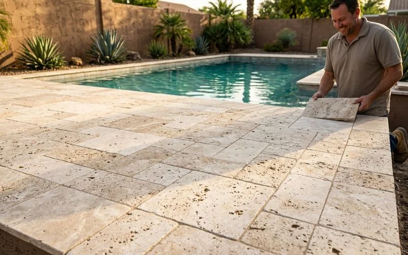 Travertine paver deck close-up
