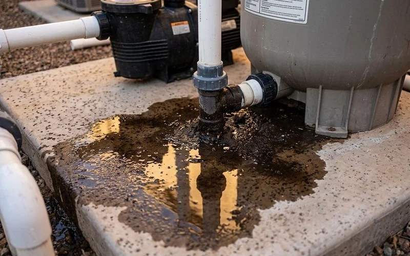 Wet spot near pool equipment indicating leak