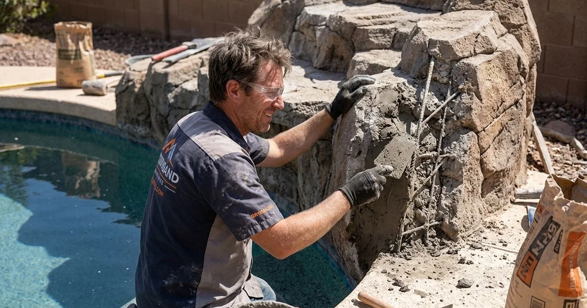 Artificial rock waterfall restoration in progress