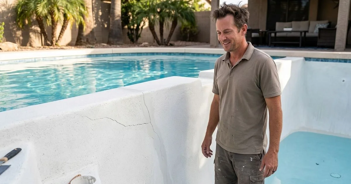 Completed pool crack repair with seamless finish