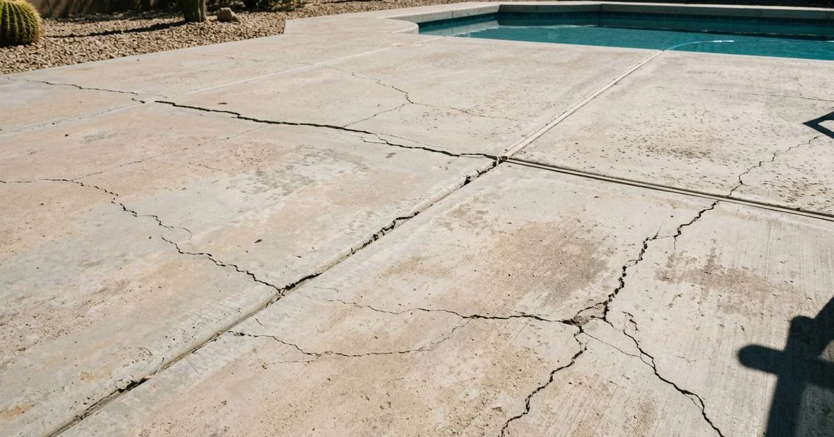 Cracked concrete pool deck before Cool Deck overlay