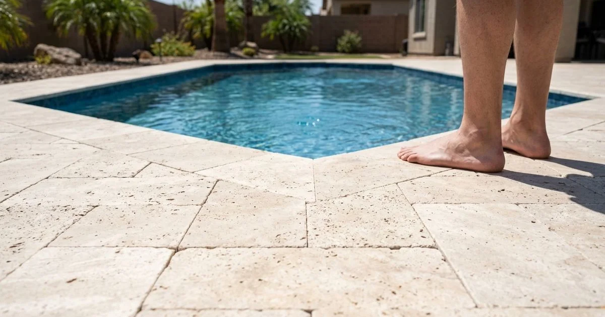 Cream-colored travertine paver pool deck with foot testing surface