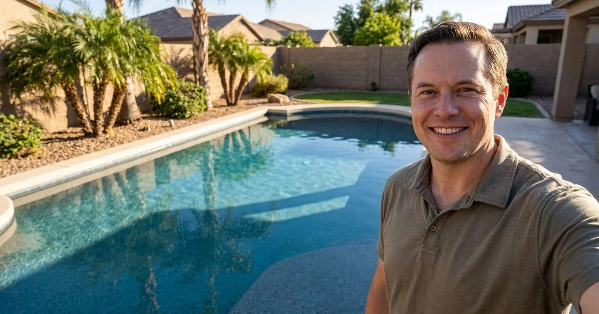 Mid-life Diamond Brite pool in Phoenix backyard