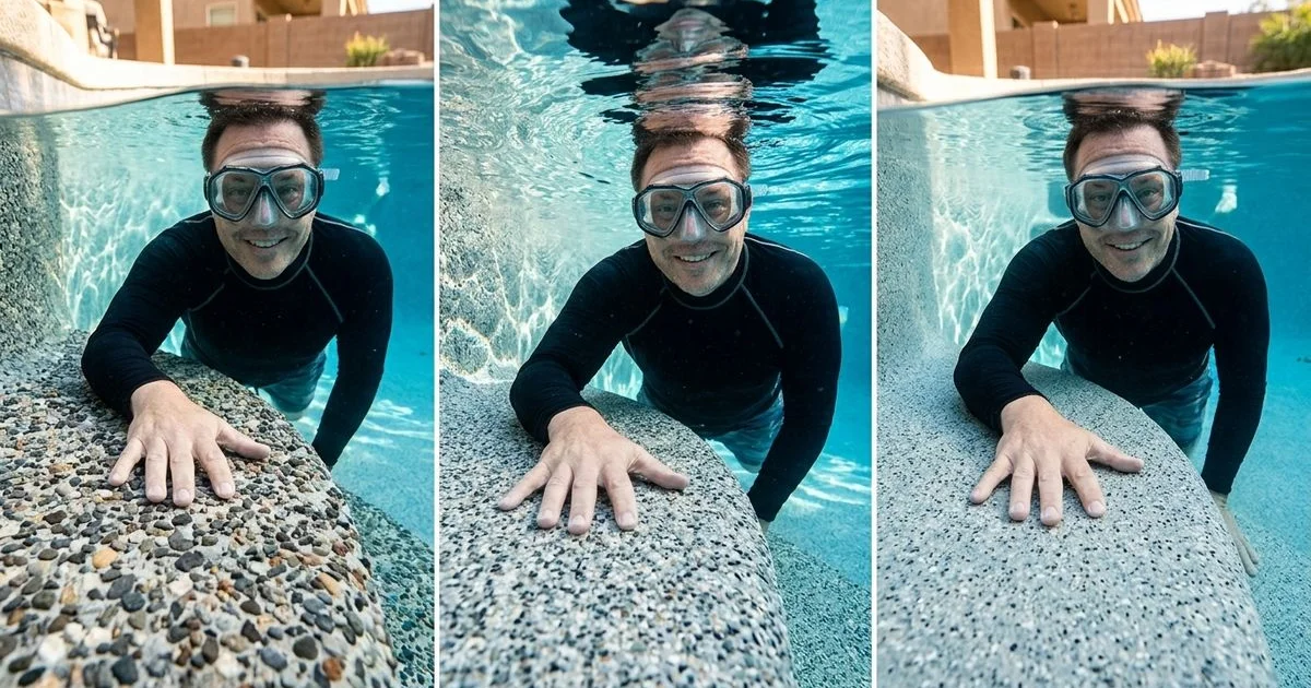 Side-by-side comparison of Pebble Tec, Pebble Sheen, and Mini-Pebble finishes