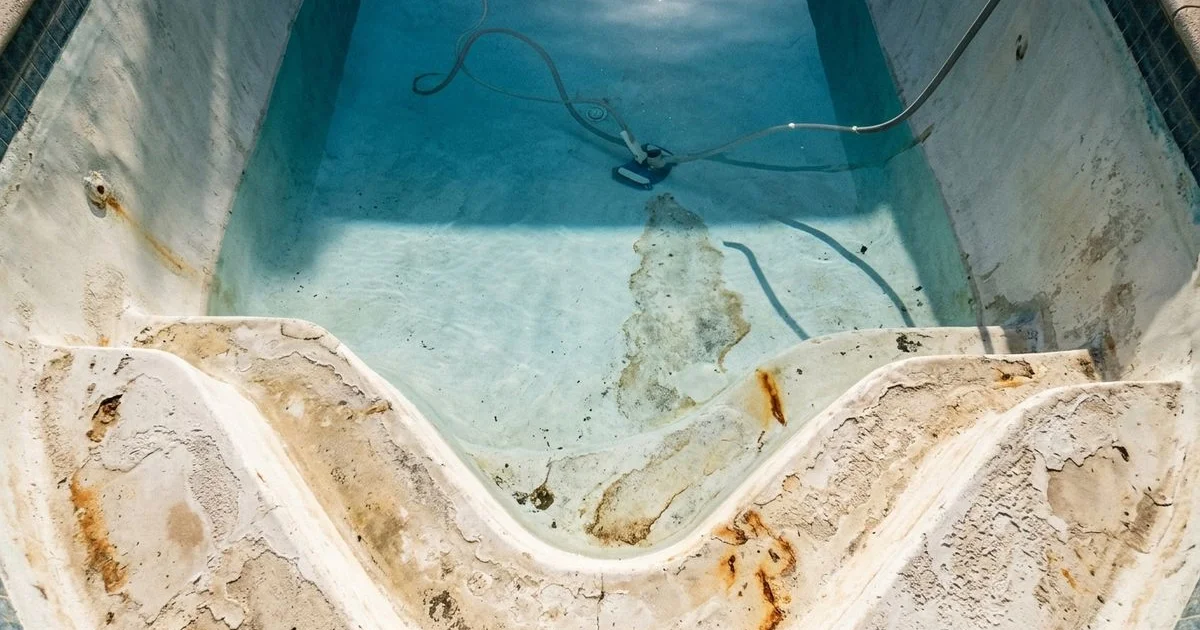 Weathered Phoenix pool surface with visible staining and rough texture